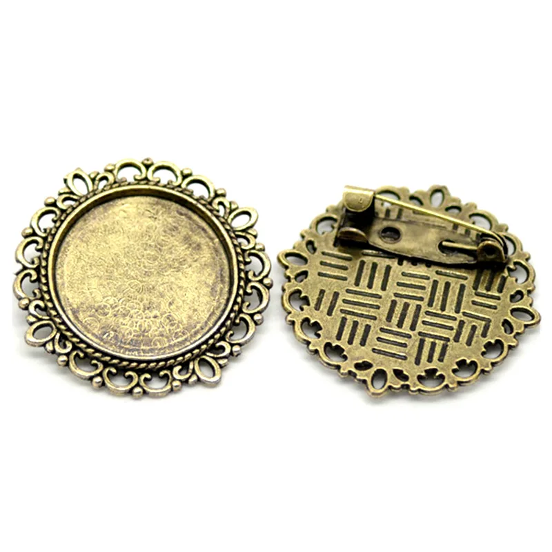 20Pcs Bronze Tone Round Brooches Back Pin Cabochon Frame Setting 32mm