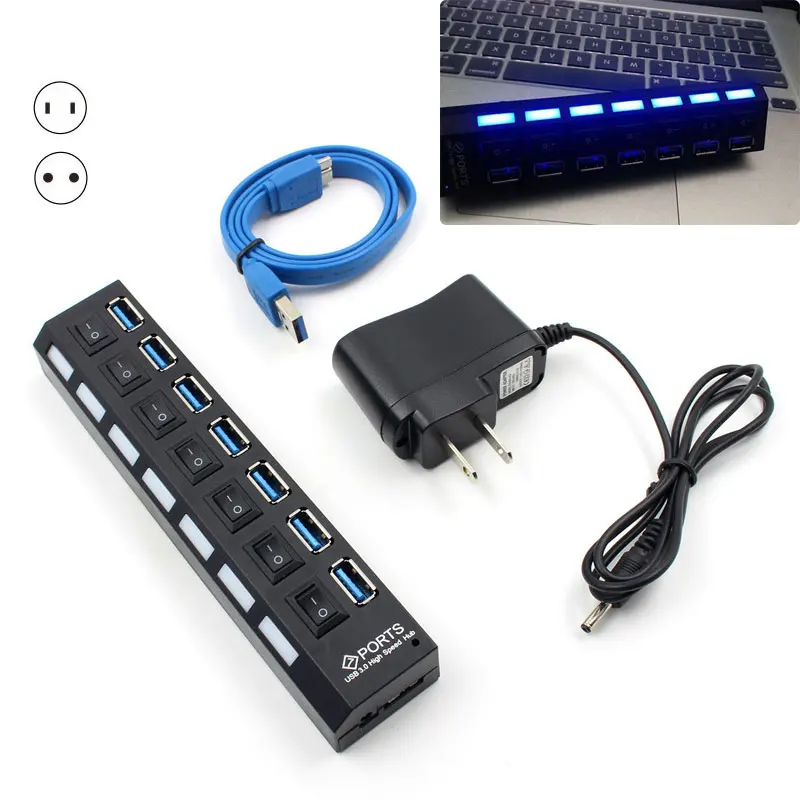 

New Portable 7 Ports 5Gbps USB 3.0 HUB Splitter With External Power On/Off Switch High Speed Adapter Cable for PC SL