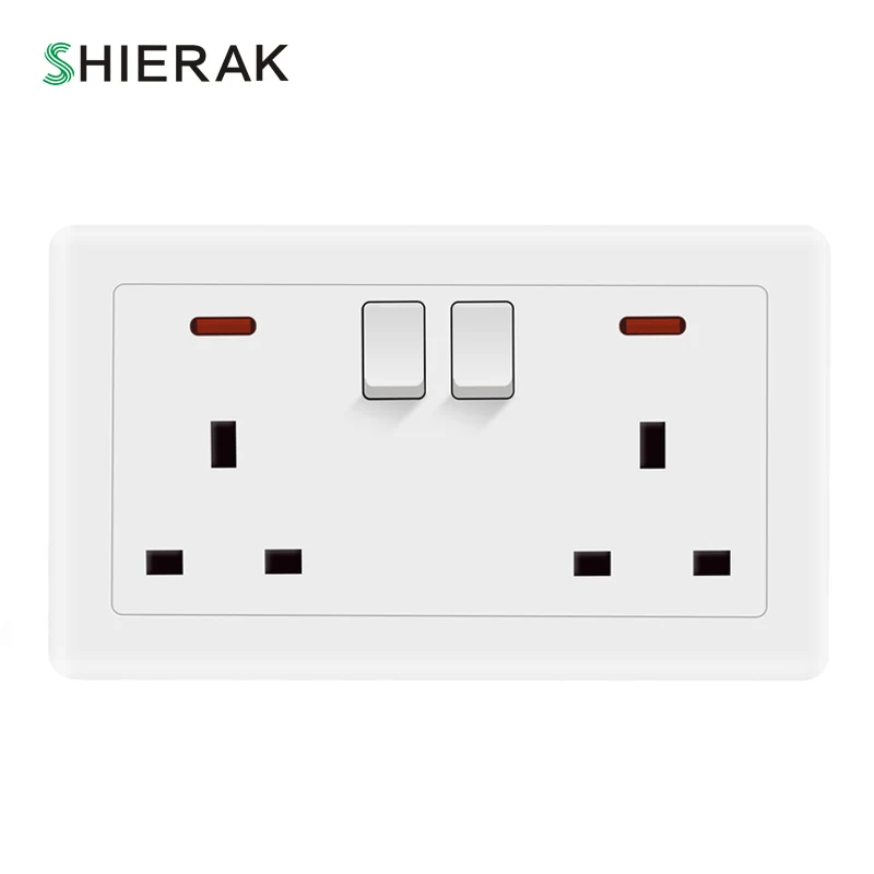 

SHIERAK 13A/250V UK Double Socket with Button Light Switch Retro Pure White Plastic Panel British Standard Wall Socket Plug
