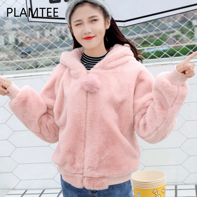Plamtee Для женщин плюшевая куртка 2017 г. зимние плотные теплые Kawaii женский пальто с