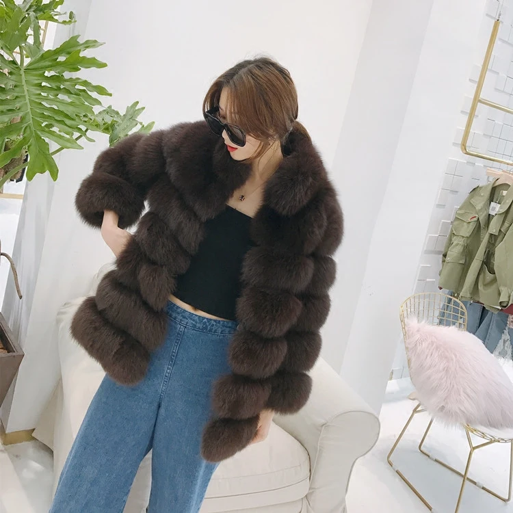 

REROYFU New Natural Fox Fur Coats Jackets Women Real Genuine Fur Garment Outerwear Women Brown Furs Coats
