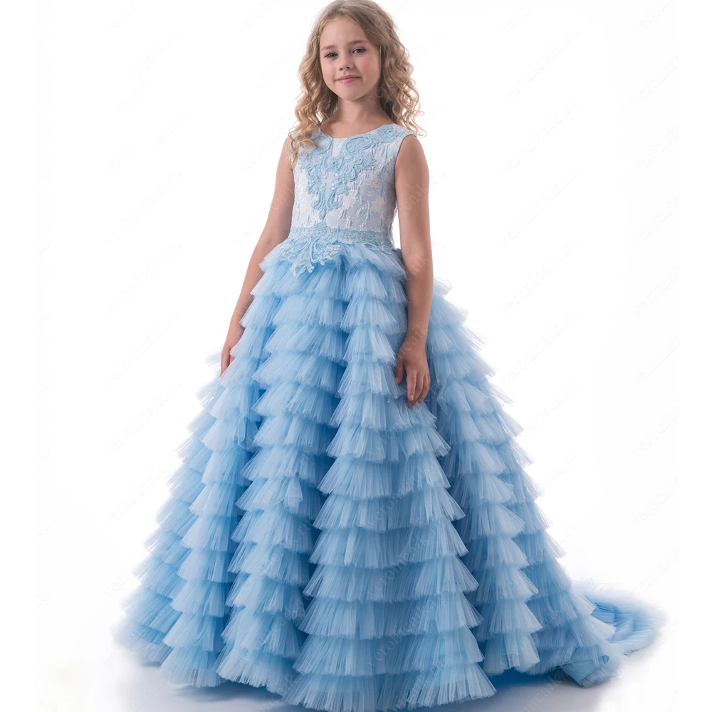 

2017 New Flower Girls Dress For Weddings Blue O-neck Sleeveless Ball Gown Appliques Formal Communion Gown Vestidos Longo Custom