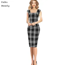Plus Size Pencil Sheath Dress 2016 New Sale Womens Summer Elegant Tartan Square Neck Tunic Wear To Work Business Casual