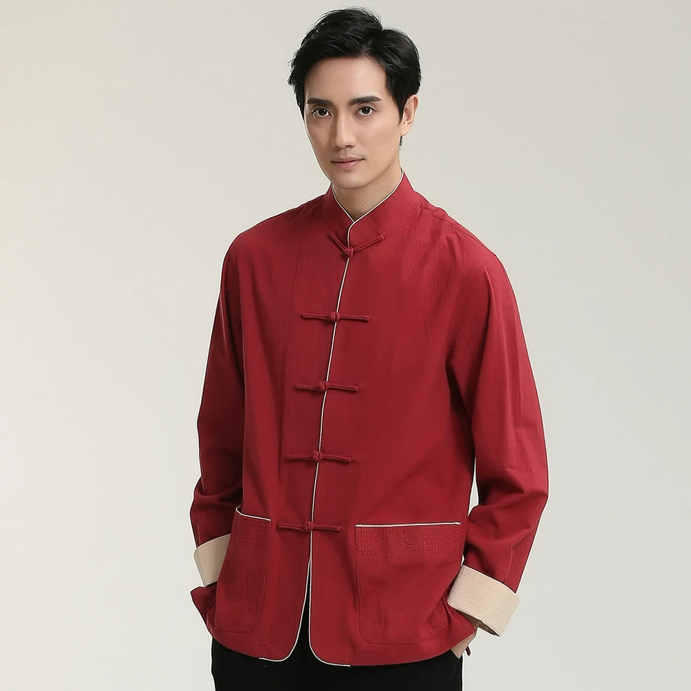 Vintage Red Dress Shirts Men Cotton Linen Shirt Chinese Style Kung Fu