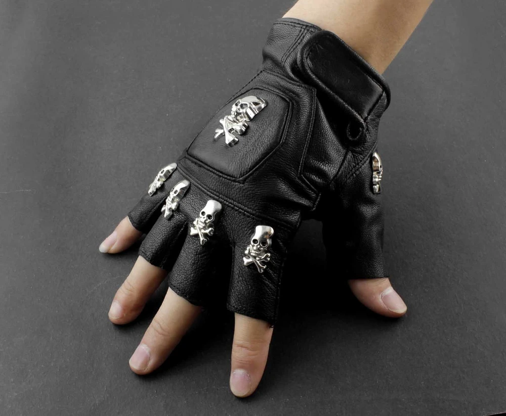 Motorcycle Biker Leather Fingerless Skull Flame Gloves 2XL 