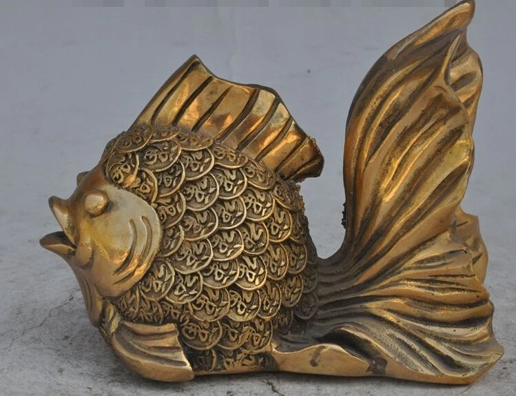 

zhaorui605++6"china Chinese fengshui Brass wealth money coin alewife Goldfish fish fu Statue