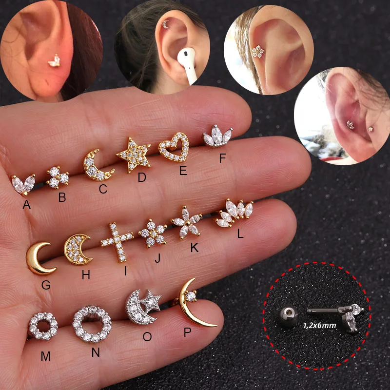 

1Pc Moon Star Heart Cross Flower Crown Helix Piercing Tragus Stud Conch Earring Gold & Silver Color Cz Cartilage Stud