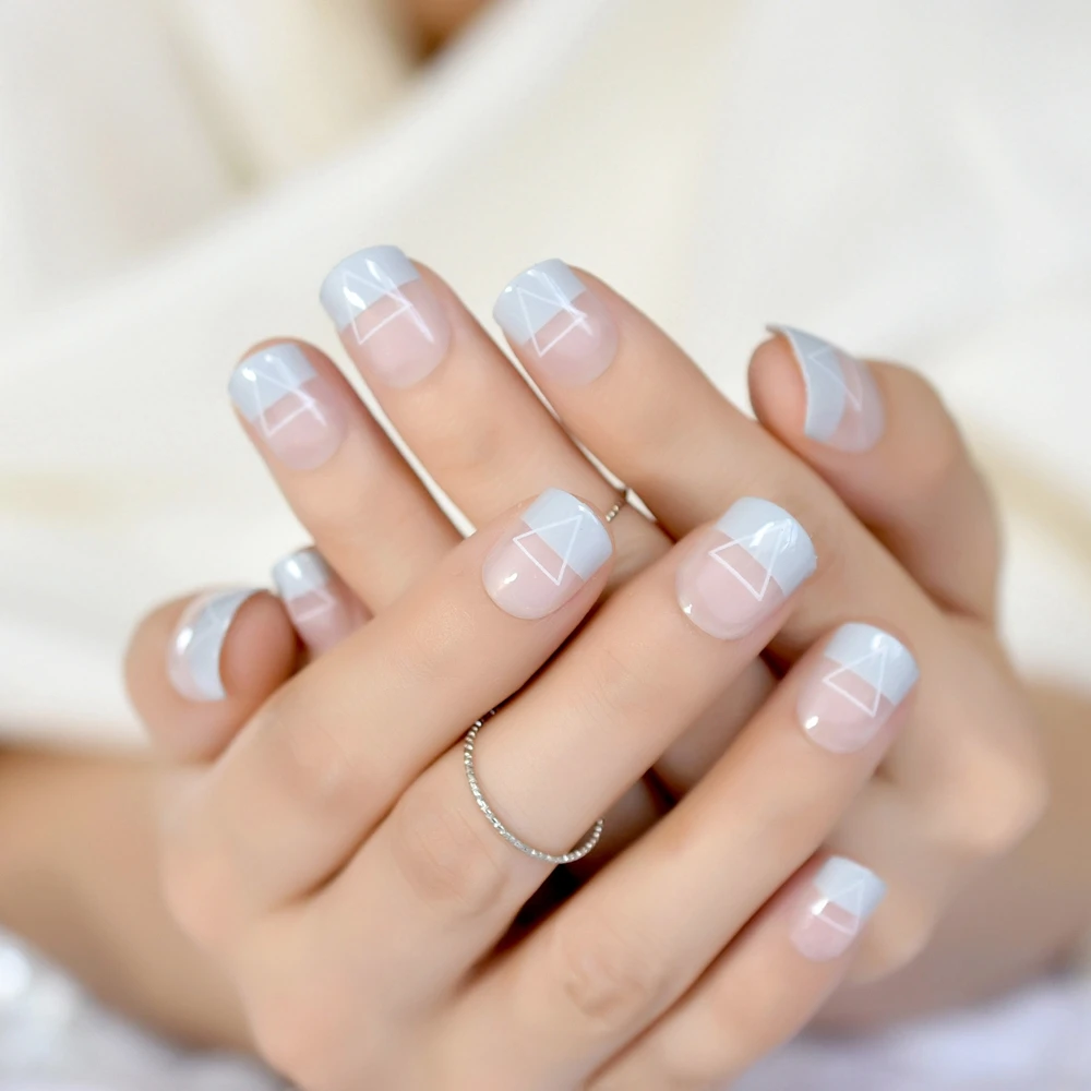 Buy 24pcs Shiny Short Full Nail Tips Geometic Natural