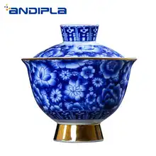 Цзиндэчжэнь керамика синий и белый фарфор Винтаж Gaiwan с комплект крышек Творческий Золото Высокие ноги чай горшок дома посуда для напитков чай чайник