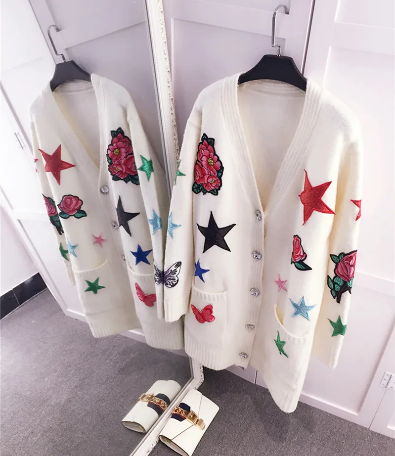 Mode Mi De Poitrine Long Broderie Manteau m l Tricot Femmes Cardigan Unique Exquise S Chandail fBIXHB