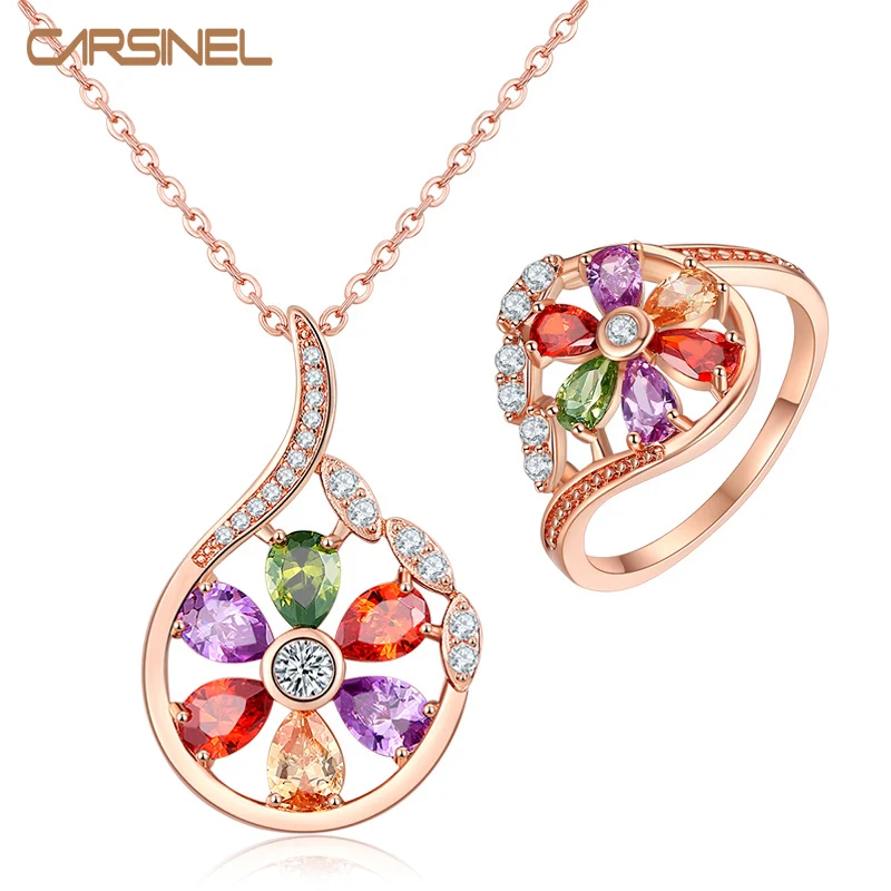 

CARSINEL New Trendy Gold Color Flower Jewelry Sets Multicolor Cubic Zircon Pendant/ring Women Wedding Jewelry Sets JS0133