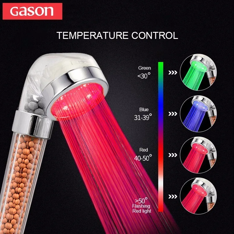 GASON контроль температуры цветная ручная душевая головка высокого давления секция фильтр светодиодный