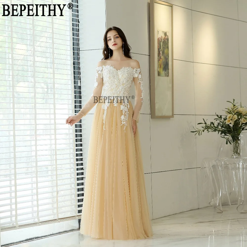 BEPEITHY vestido de festa Новый дизайн Милая с открытыми плечами Тюль Аппликации Длинные вечерние платья 2019