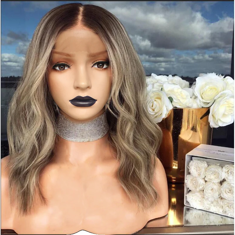 Anogol  Short Body Wave 14" Heat Resistant Hair Dark Rooted Ombre Blonde Synthetic Lace Front Wigs For Black Women