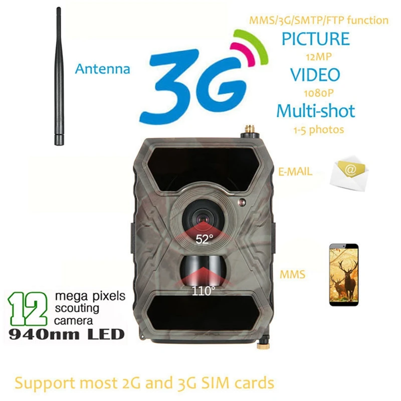 Trail Game Camera, S880G 12Mp Hd 1080P Digital Hunting Camera 940Nm Trail Game Camera 3G Network Sms/Mms Night-Vision 56Pcs Ir