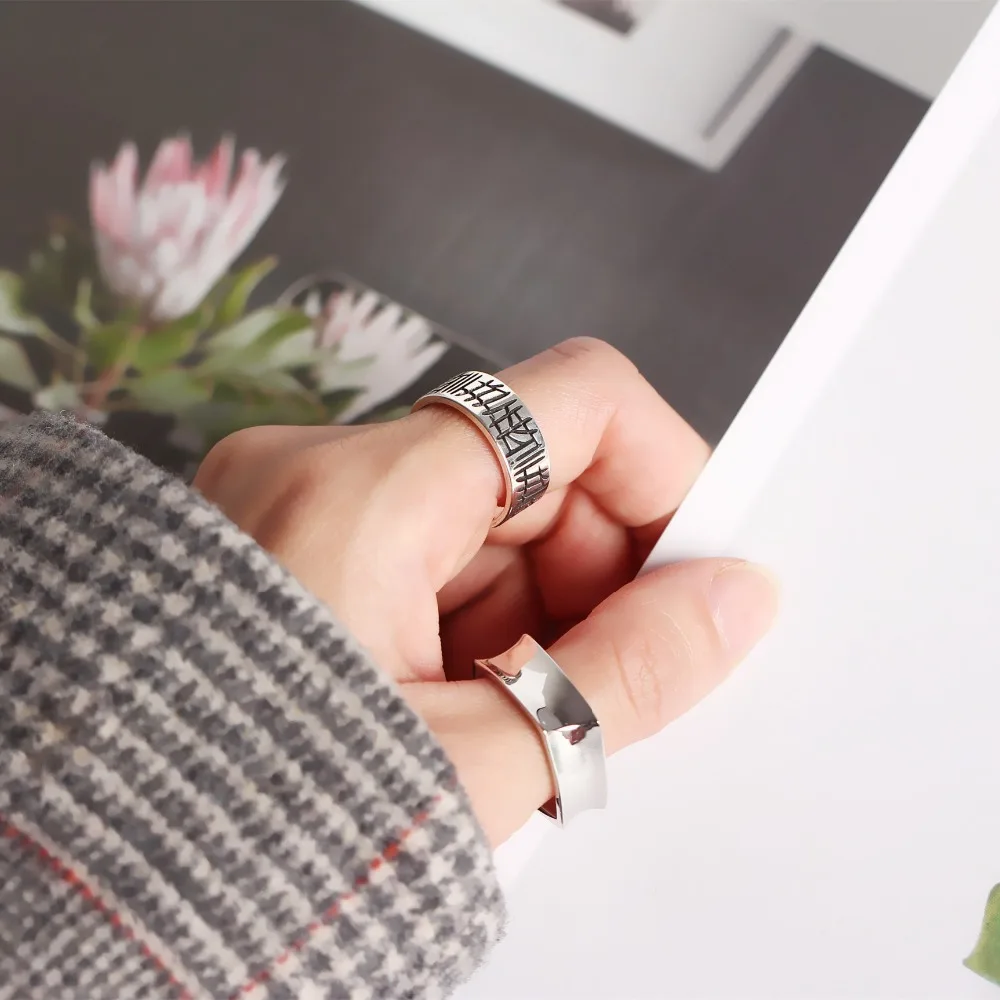SHANICE 925 пробы Серебряное Открытое кольцо винтажные кольца нерегулярная гравировка граффити широкое кольцо для женщин панк мода кольцо