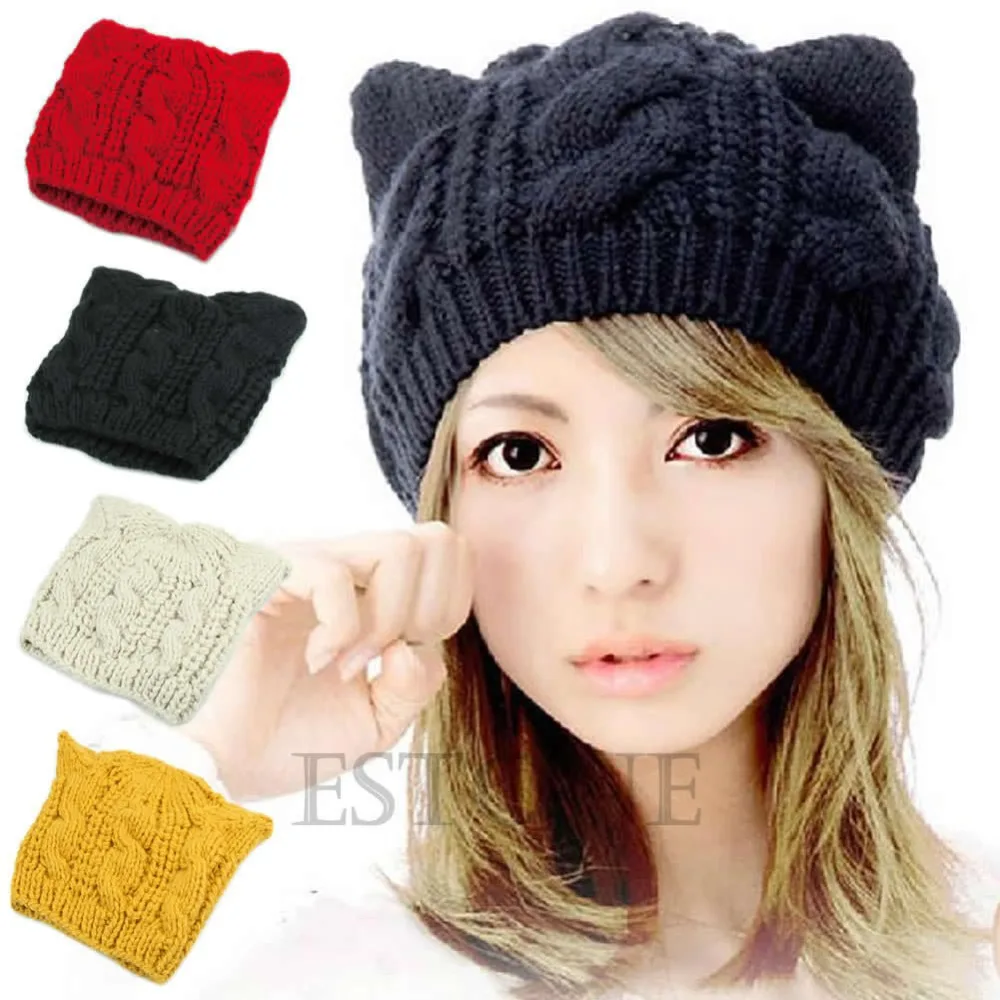 U119 envío gratis Ear mujeres cuernos gato del invierno de la gorrita tejida Crochet trenzado Knitc