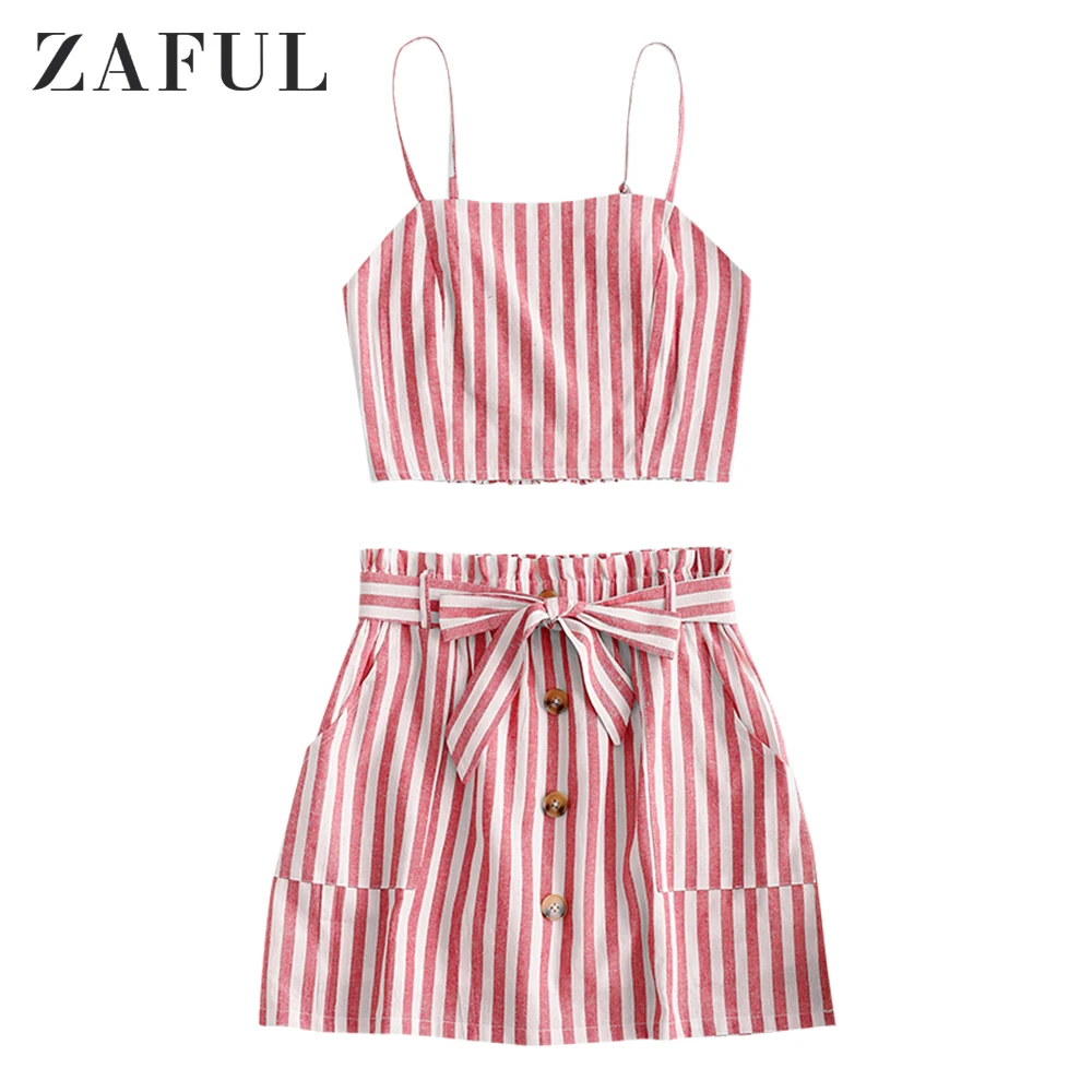 

ZAFUL Striped Tank Crop Cami Top With Button Belted Skirt Set Women 2019 Summer Boho Straps Sleeveless Beach Two Piece Outfits