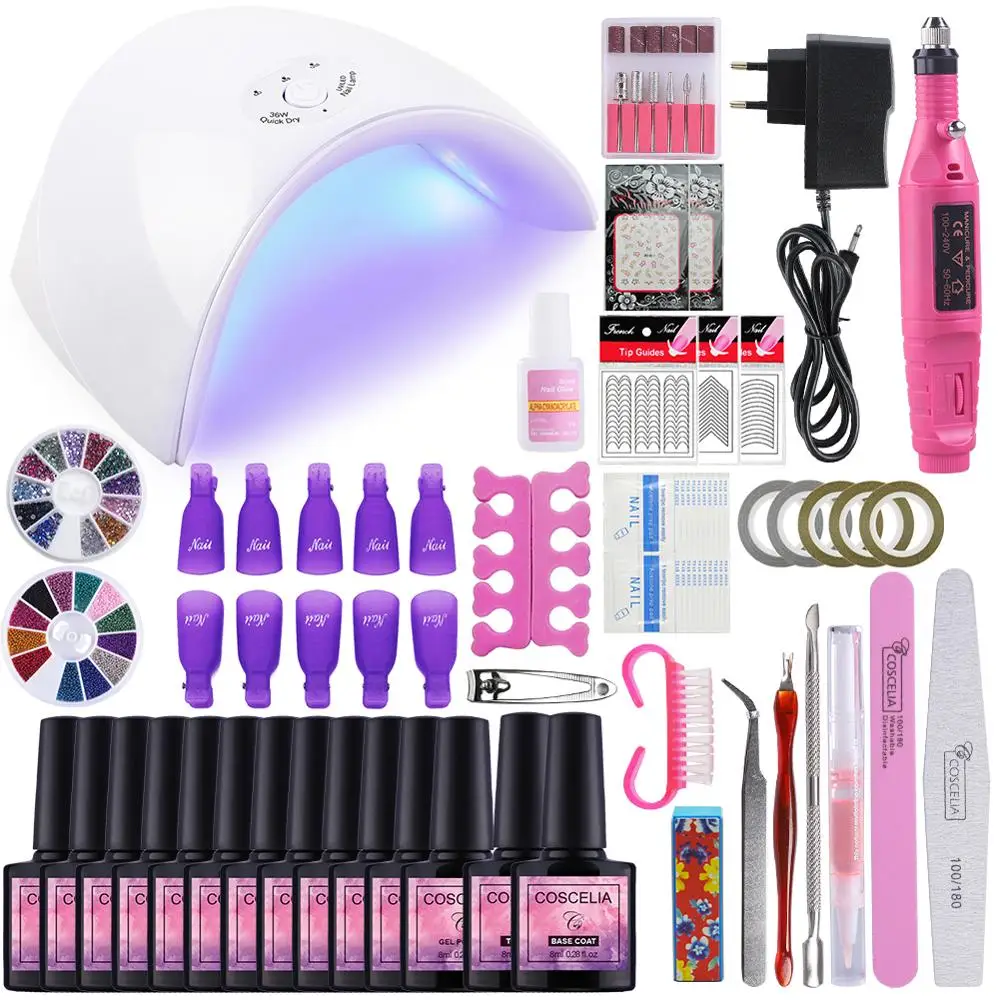 

Nail Set with UV Led Lamp 36W Dryer Nail Kit 20000RPM Machine Tool Set For Nail kit Pedicure Manicure Tools 8ml Gel Polish