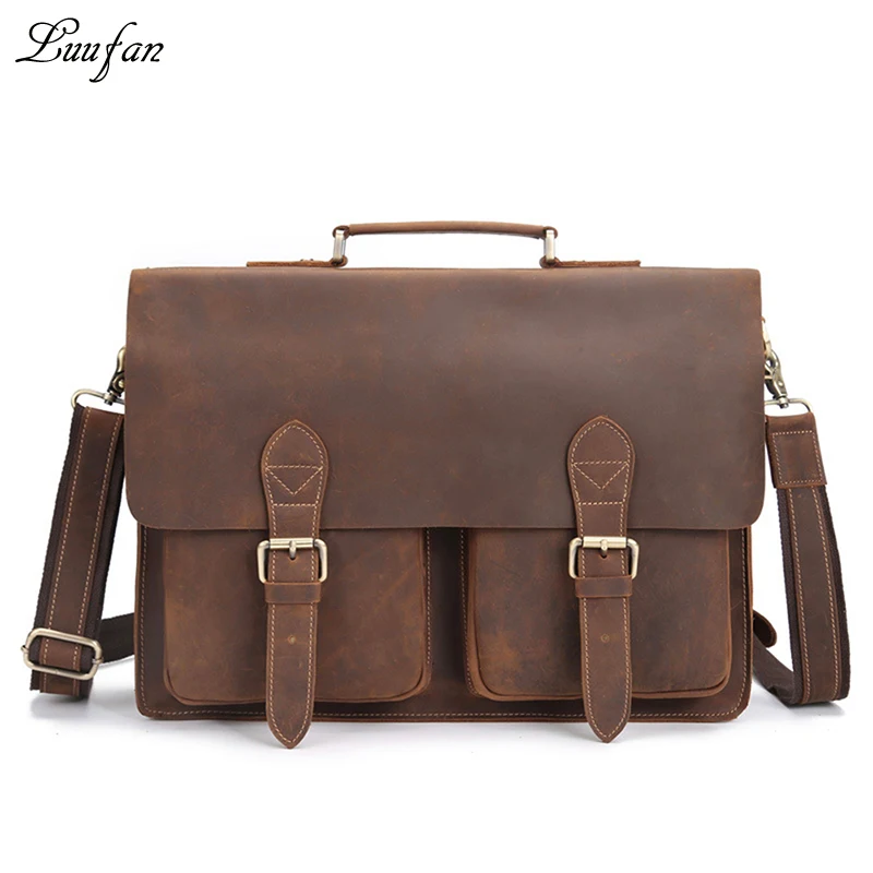 Men's Vintage genuine leather laptop bag Cow leather business bag 15" PC crazy horse leather