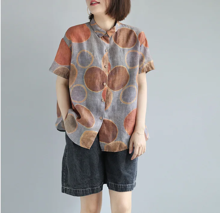 Летняя винтажная льняная рубашка в ретро-стиле с принтом в горошек для женщин, Повседневная дышащая блузка с коротким рукавом для девочек Mori Mujer - Цвет: as pattern