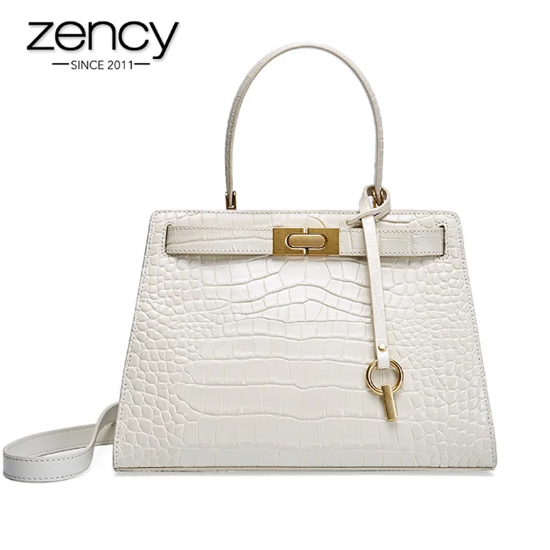 

Zency Crocodile Pattern Women Handbag Lock 100% Genuine Leather Summer Beige Shoulder Bag Luxury Red Casual Tote Black Messenger