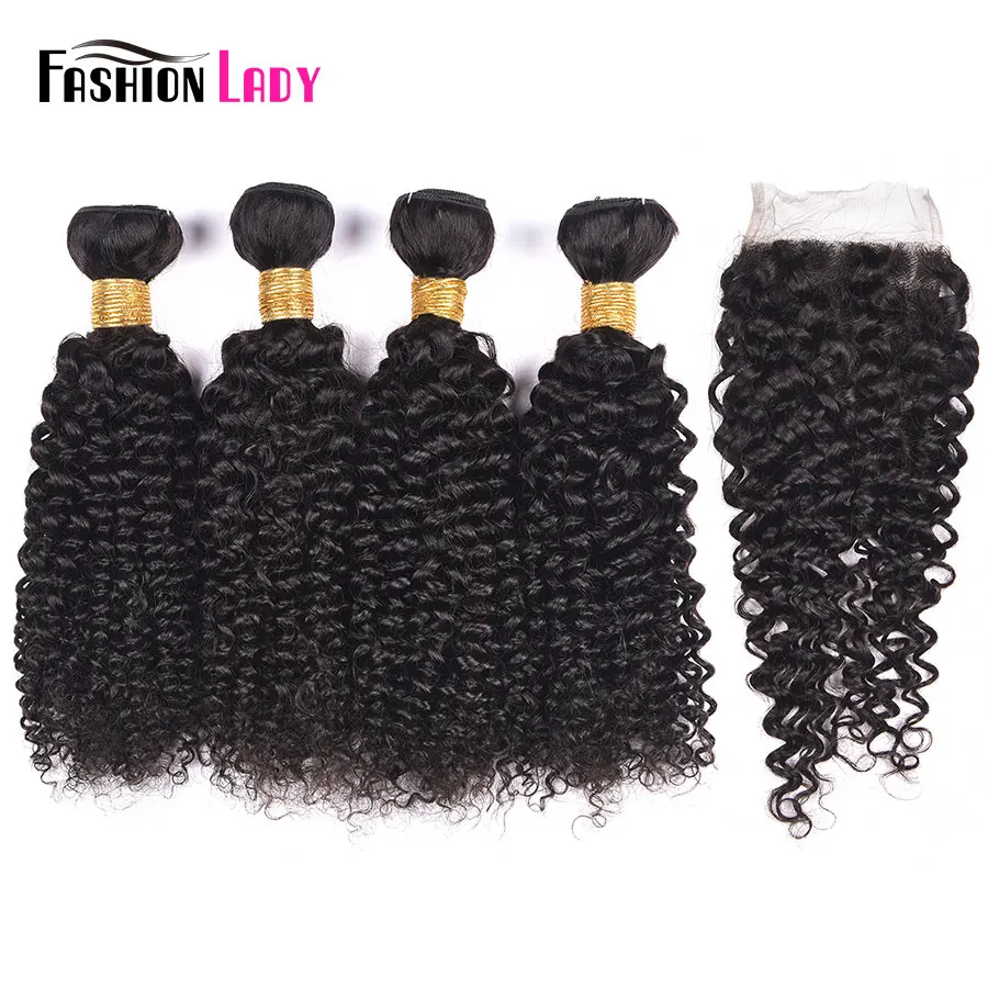 

Fashion Lady Pre-Colored Brazilian Hair Bundles With Closure Natural Color 4 Bundles Curly Weave With Closure Non-Remy Hair