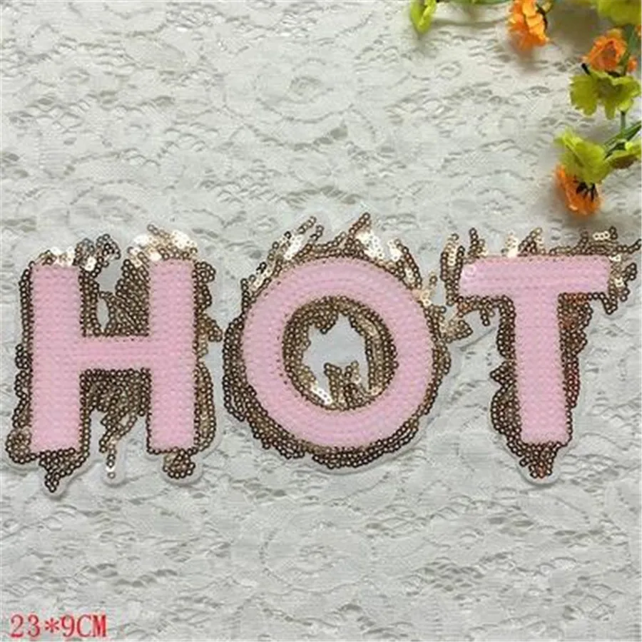 

1Pcs Letter Designs HOT Logo Embroidered Big Patches Clothes Pink Sequins Patch DIY Hotfix Motif Applique Free Shipping