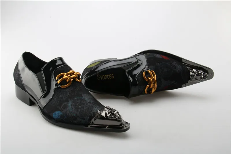 Genuine Leather Mens Shoes Fashion Graffiti Designer Flats Metal Pointed Toe Laofers Party Dressing Brand Shoes Men Plus Size