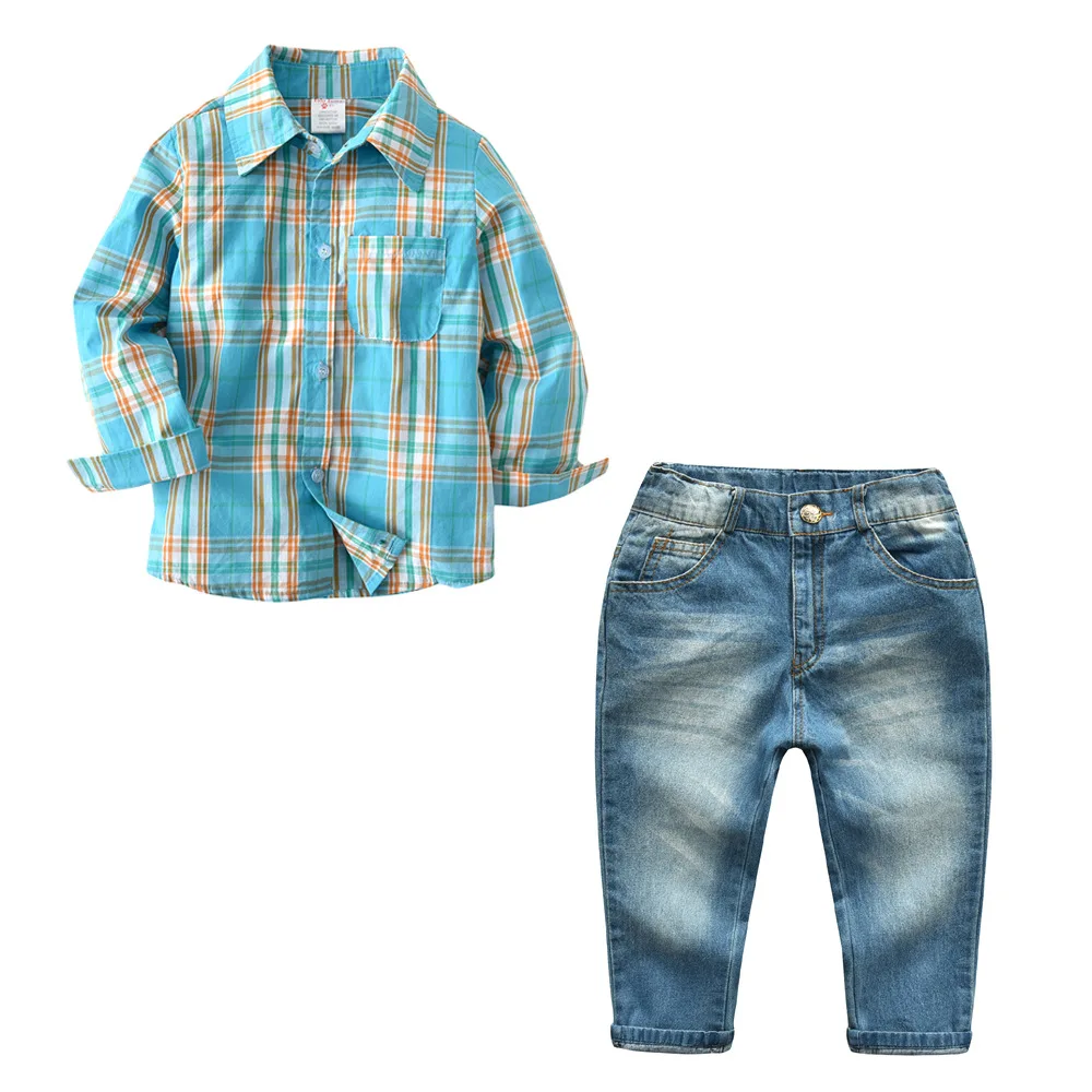 

Baby Boys 2-Pieces Clothing Sets Cotton Long-sleeved Blue Plaid Shirt + Jeans Kids Sets Spring Autumn For 2-7 Years Old