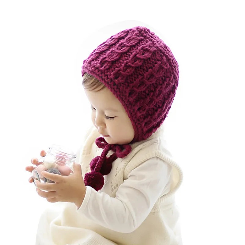 

Newborn Baby Autumn Winter Lace-up Knitted Hat Kids Bonnet Infant Girls Boys Cute Warm Cap 6-24M
