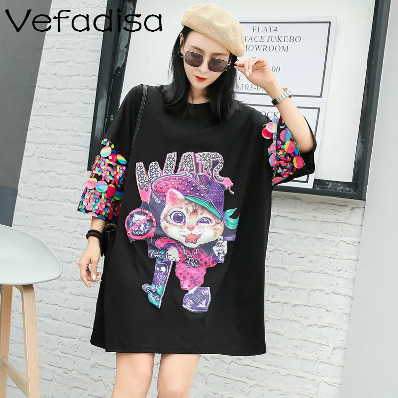 

Vefadisa Women Black Lovely Cat Print T Shirt Dress Women White Cartoon Sleeve Dress Women Half Sleeve Above Knee Dress ZQY156A