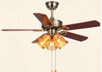 

European style Simple Living room bedroom Electric Ceiling Fan wooden Glass lampshade LED light 40db Wall switch 106cm