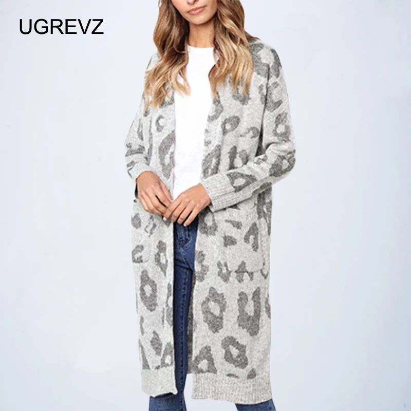 

Women Christmas Knitted Cardigan Sweater Leopard Print Long Cardigans Pockets Slim Autumn Winter Outerwear Knitwear plus size