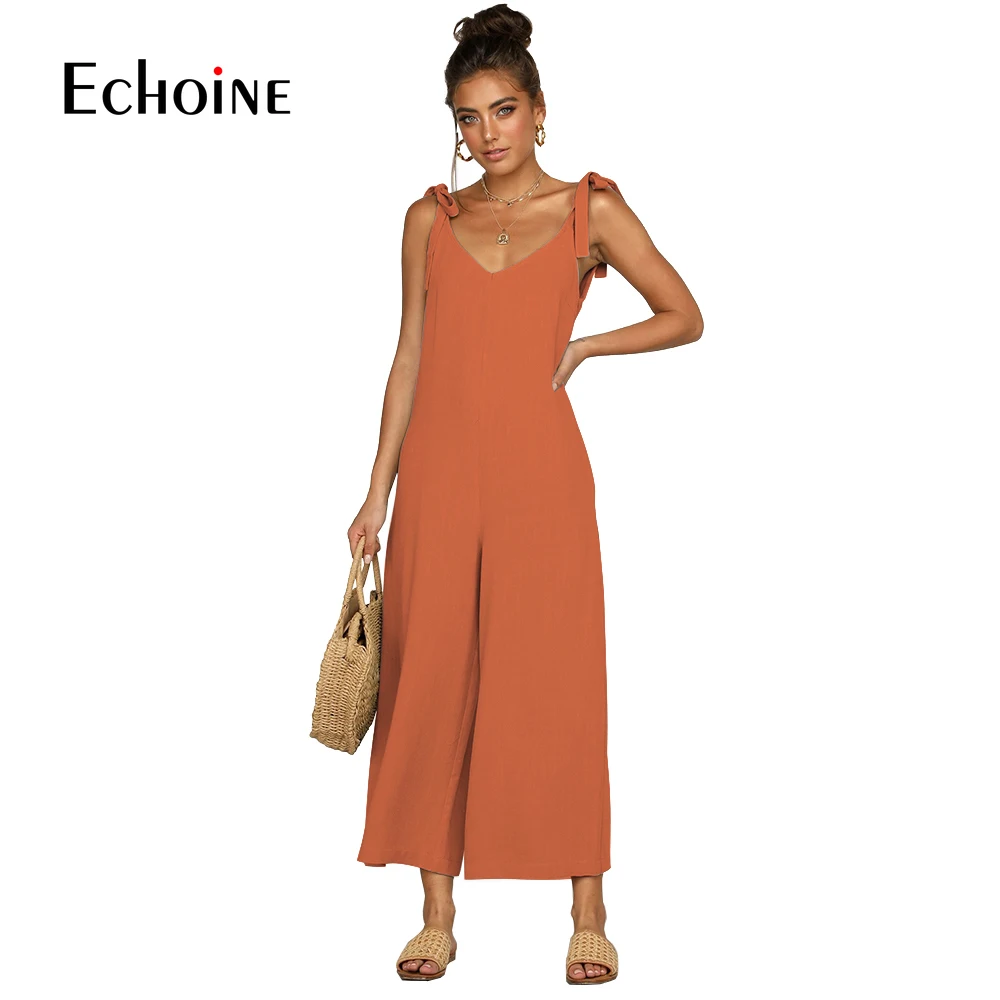 

Summer Casual Women Rompers Wide Leg Jumpsuit 2019 V Neck Backless Off Shoulder Spaghetti Strap Lace Up Cotton Linen Jumpsuit