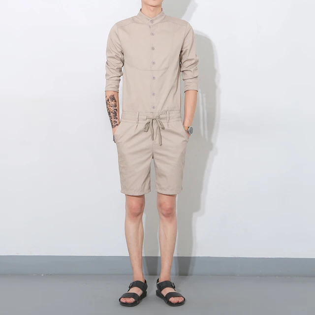 Stand collar cotton jumpsuit overalls adult mens rompers short cargo
