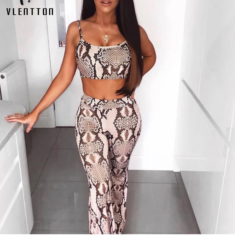 

Sexy Snakeskin Print Women Two Piece Outfit Set 2018 Summer Women Straps Crop Tops And Elastic Pants 2piece set Women