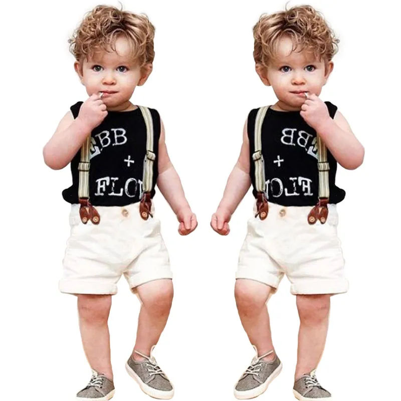 

Summer Children Boys Clothing Set Sleeveless Letter Shirt + Straps Shorts Baby Boys Sports Suit 2-6 Years Kids Clothes Set