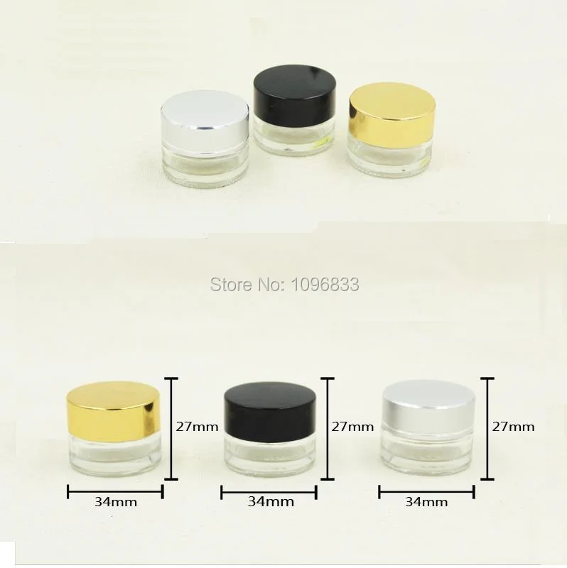 Boião de Creme de Garrafa de Vidro Tampa de Ouro Tampa de Embalagem de Cosméticos Recipientes de Vidro Claro Prata Preto Pequeno Pote Vazio Jar 50 Pçs - Lote 5g 2 Garrafas reutilizáveis