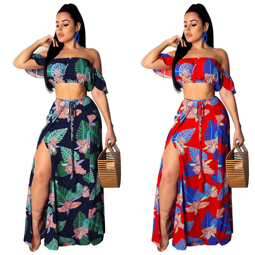 

New Sexy Ruffles Slash Neck Crop Top and Split Long Skirt Women 2 Two Piece Set 2019 Summer Floral Print Boho Beach Dress Outfit