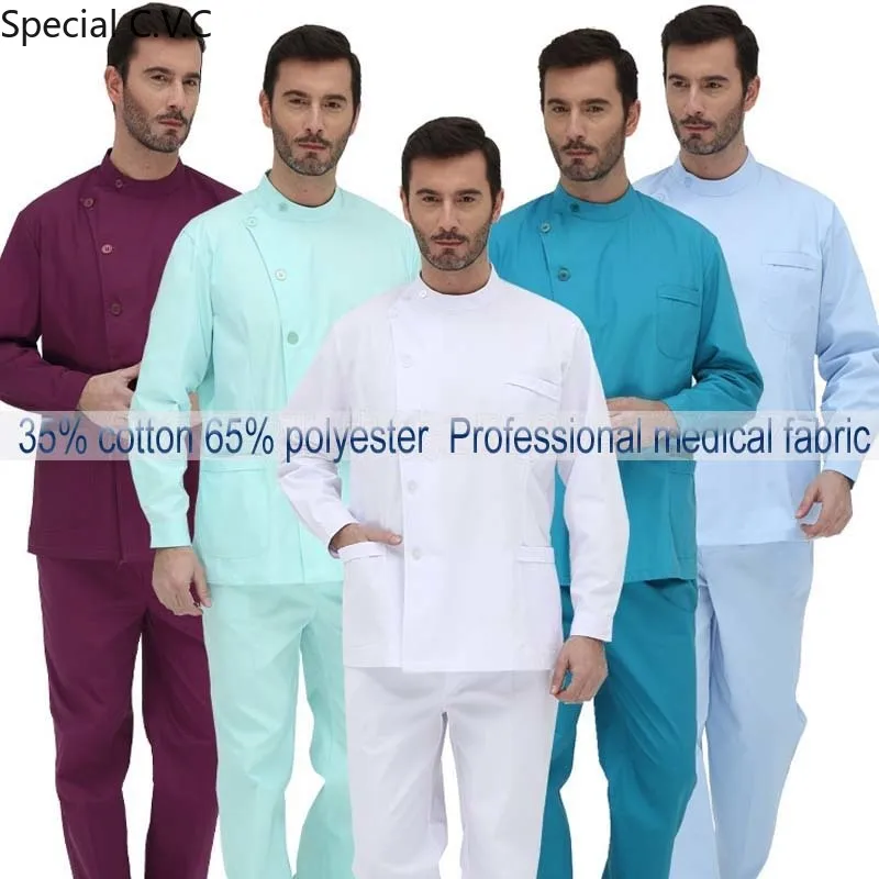 

Men's Medical Uniforms Fashion Side Opening Scrub Top with Seven Buttons+Pants Nursing Uniform Workwear Short Sleeve/Long Sleeve