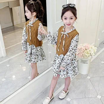 

girls clothing sets long sleeve floral dress+knit vest 2019 autumn teenager costume 12 years old d