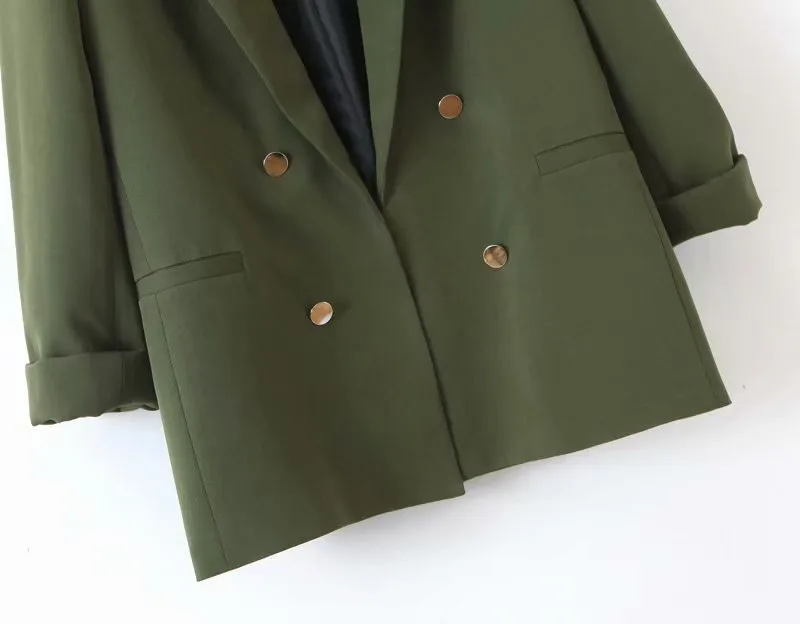 ROHOPO Army Green Double Buttons V Collar Blazer Office Ladies Slim Fit Solid Outwear Girl Fold Sleeve Flared Hem Blazer #BM2193