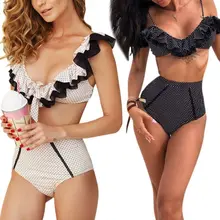 Women Sexy Two Piece Bikini Set Vintage Polka Dot Printed Swimsuit Ruffles Flounce Deep V-Neck Bra High Waisted Lace Patchwork Women Sexy Two Piece Bikini Set Vintage Polka Dot Printed Swimsuit Ruffles Flounce Deep V-Neck Bra High Waisted Lace Patchwork