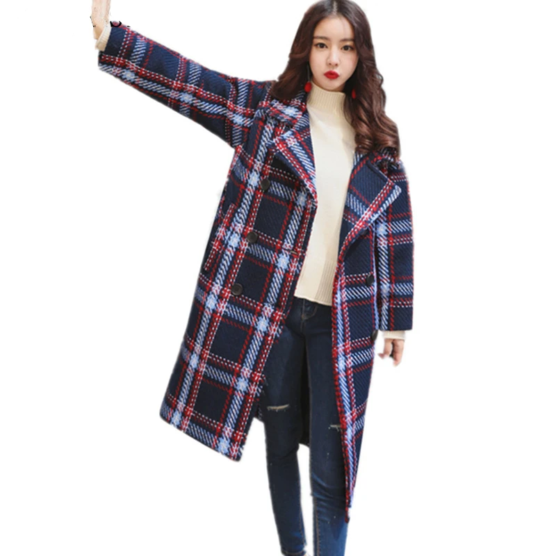 

Women Autumn Winter New Thicken Warm Plaid Woolen Coat Adjustable Waist Overcoat Female Brand Casual Loose Plus Size Long Jacket