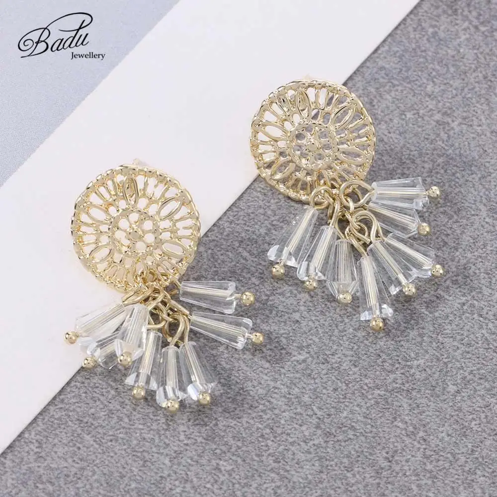 

Badu Bohemian Crystal Dangle Women Earrings Gold Color Round Hollow Pattern Metal Fashion Cute Earrings Jewelry Wedding Gift