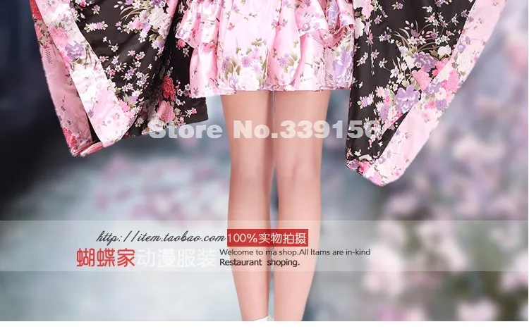 Самый дешевый Косплэй черного и розового цвета с цветочным принтом в стиле «лолита» платье-кимоно костюмы для женщин