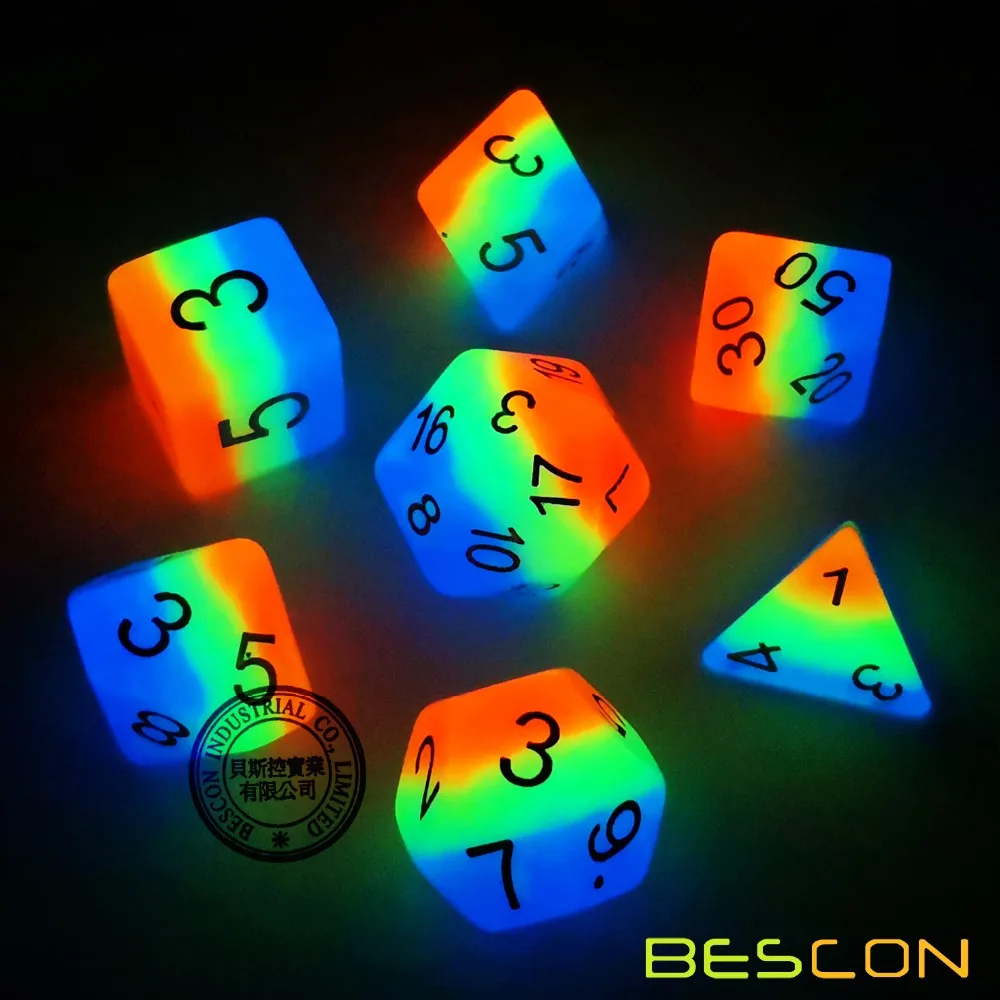 Bescon Glowing Polyhedral Dice 7pcs Set FRENCH KISS, Luminous RPG Dice Glow in Dark, DND Role Playing Game Dice 2