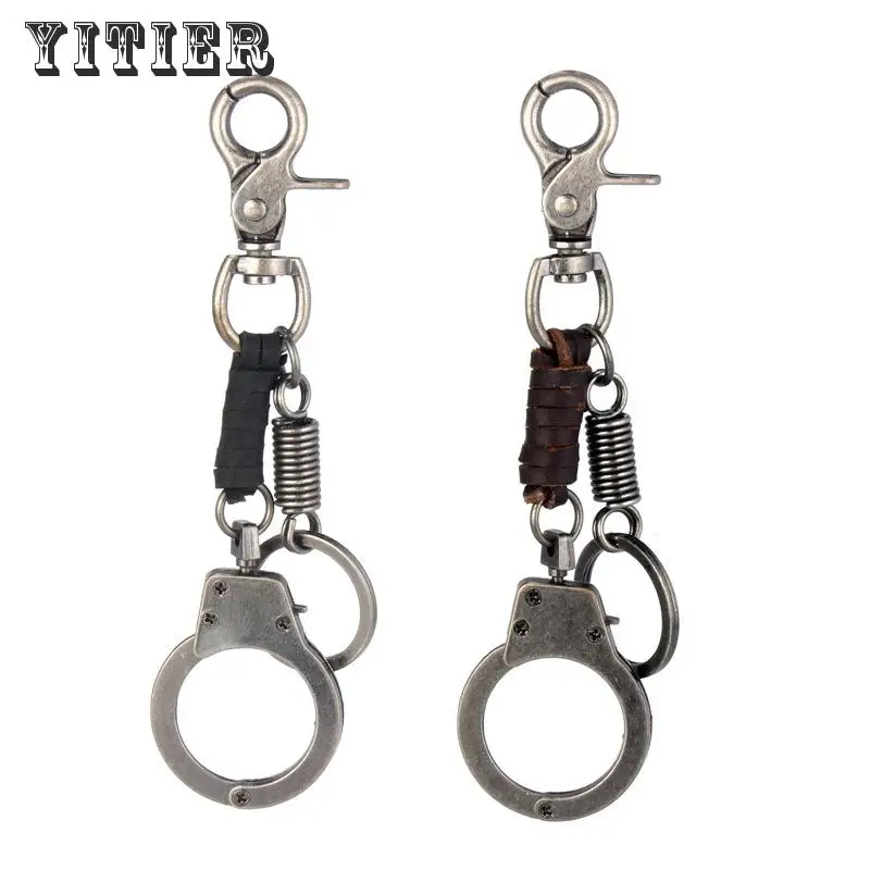 

Vintage Leather Punk key chain Jeans Decorate pendant Men alloy Handcuffs Keychain Carabiner Keychains Key chains