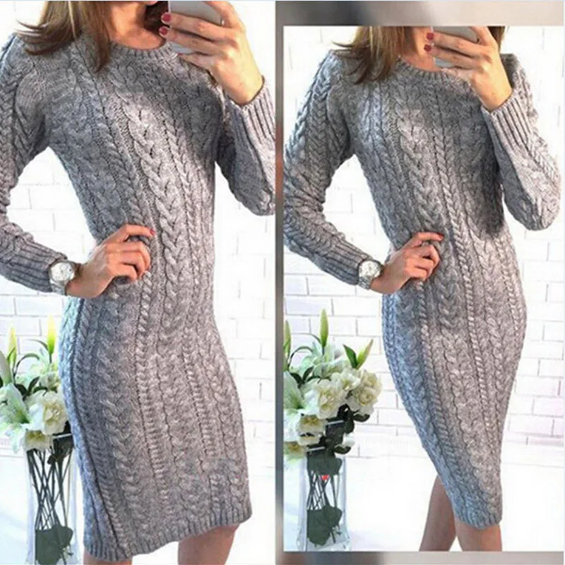 autumn winter long casual bodycon knitted sweater pullover sleeve elegant blue gray o neck sweaters | Женская одежда
